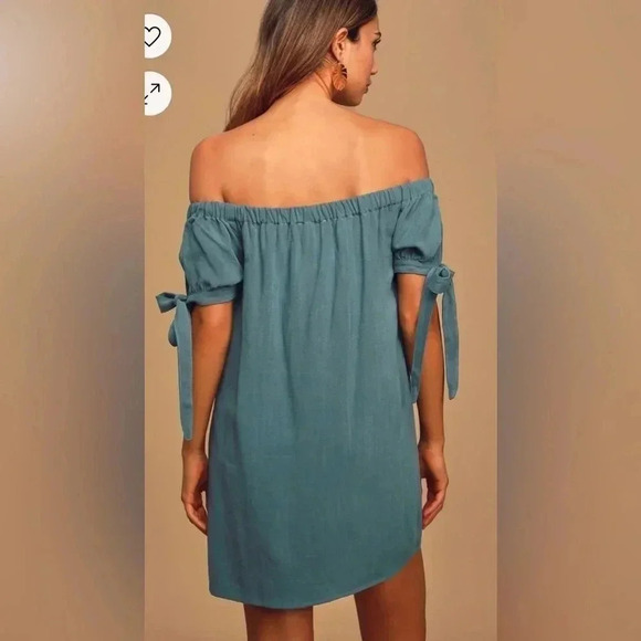 LuLu’s Al Fresco Evenings Slate Blue Off The Shoulder Mini Dress Size S EUC!! - Picture 3 of 11